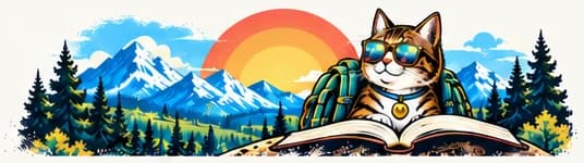 Proxima the cat in sunglasses, reading an open Bible beneath the mountains